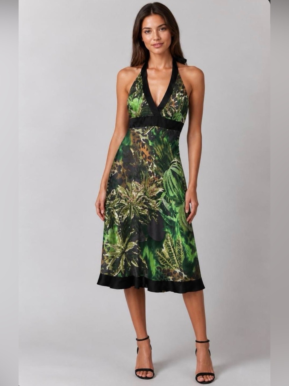 Cache Green Silk Tropical Print Halter Dress Vintage New /o Tags - Picture 10 of 10